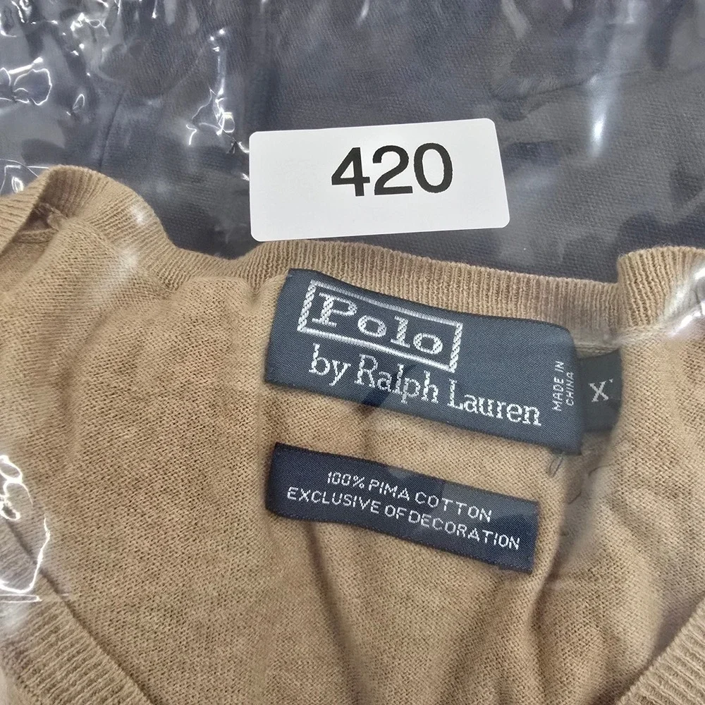 Polo Ralph Lauren Mens‎ Tan V Neck Sweater XXL Pima Cotton Embroidered Logo